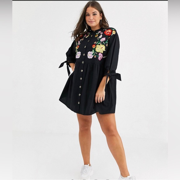 ASOS Curve Dresses & Skirts - ASOS DESIGN Curve embroidered grandad collar button mini smock dress